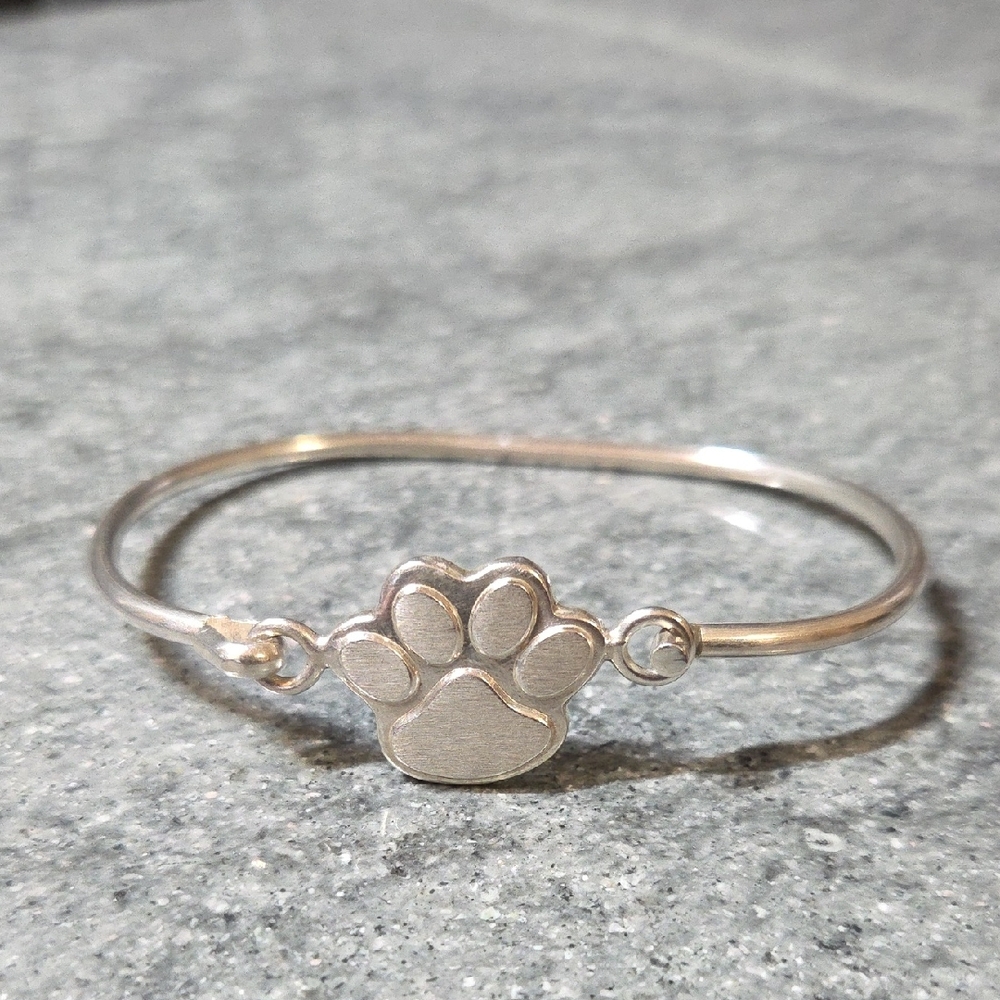 Silver Paw Print Bangle Bracelet for Women - Paw Charm Accent